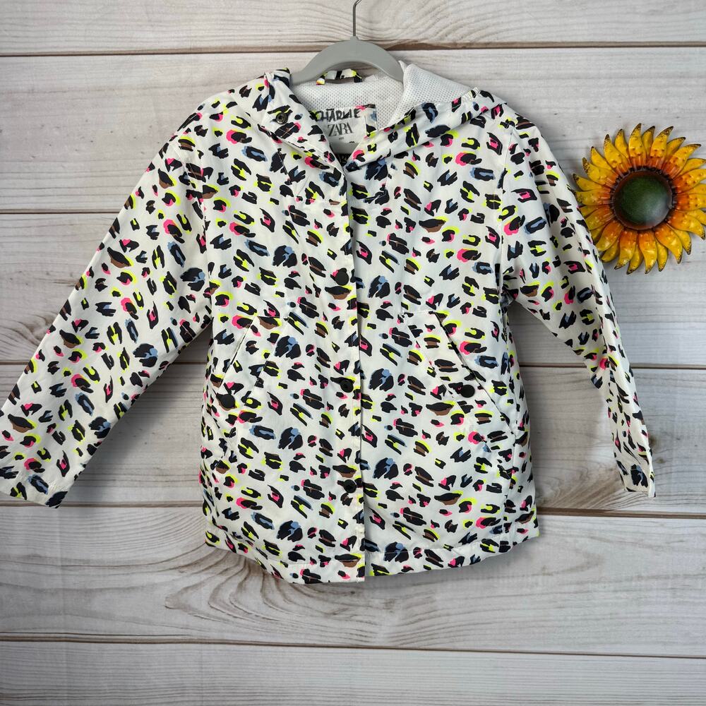 Zara Kids Girls Animal Print Hooded Jacket Size 7 Colorful Leopard